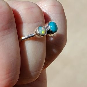 New Ethiopian Opal & Turquoise Thin Silver Band Ring.
